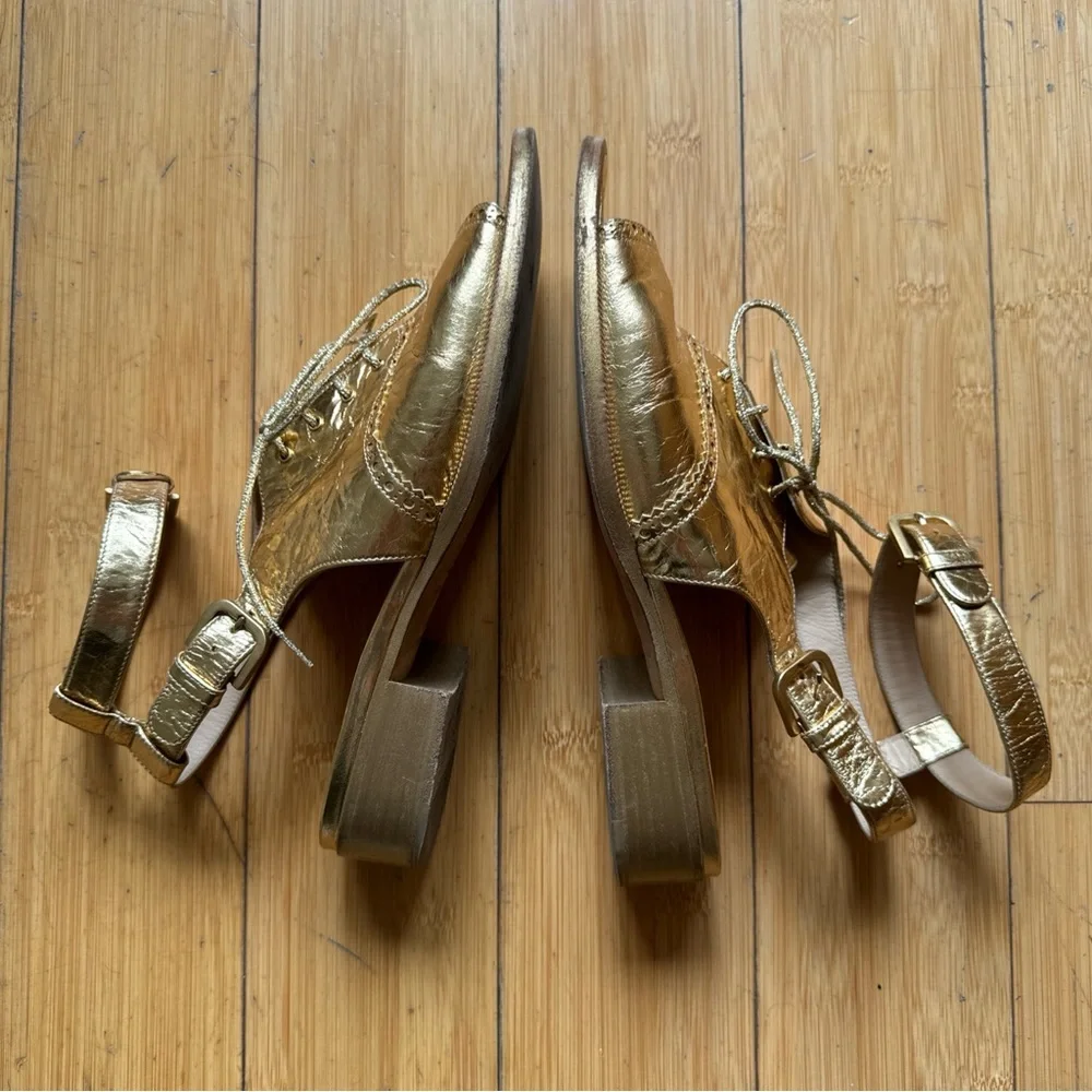 CHANEL Metallic Gold Leather Open-Toe Lace-Up Flats